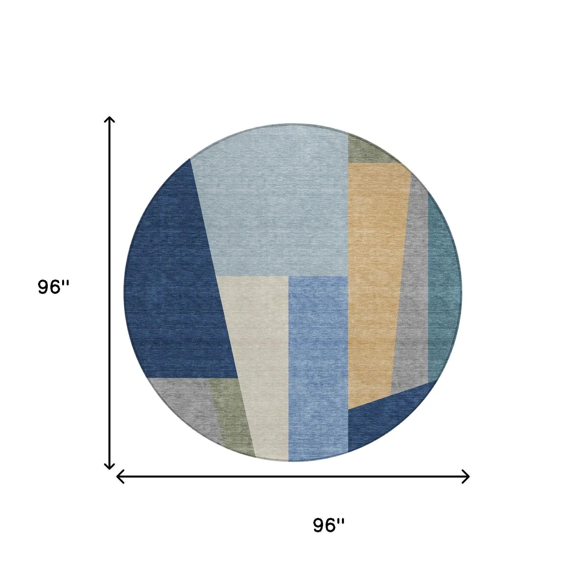 8' Navy Blue And Blue Round Geometric Washable Indoor Outdoor Area Rug Homeroots Outdoor