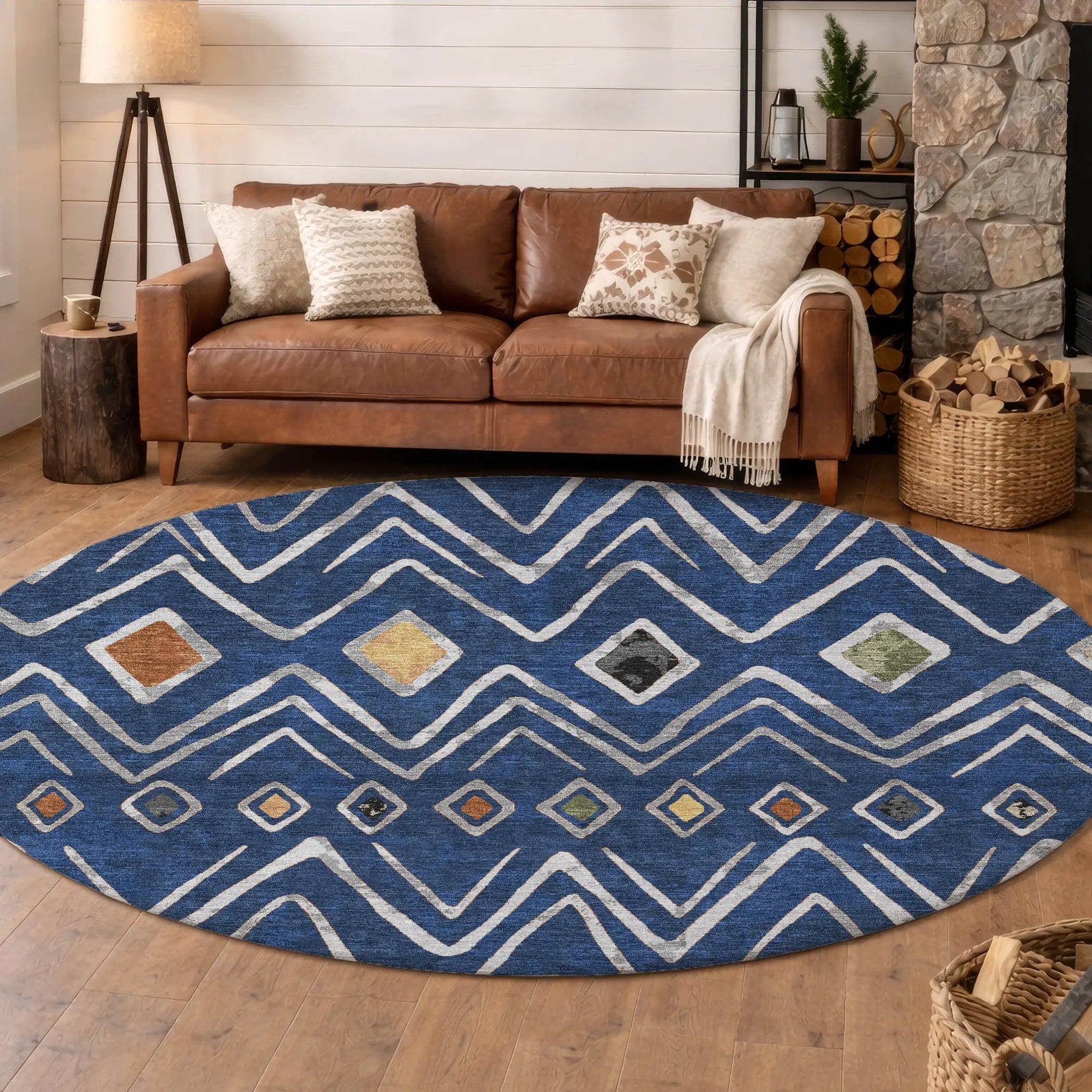 8' Navy Blue And Blue Round Geometric Washable Indoor Outdoor Area Rug Homeroots Outdoor
