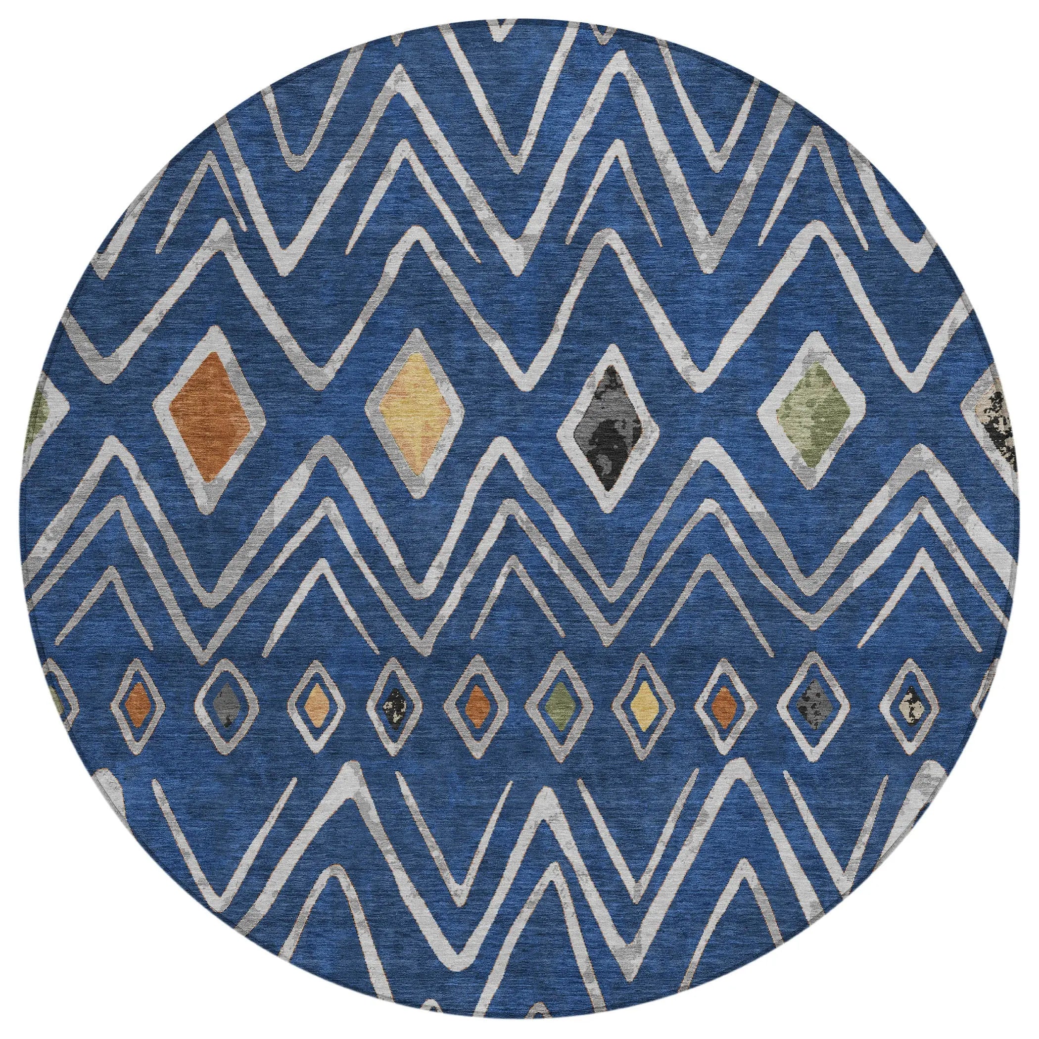 8' Navy Blue And Blue Round Geometric Washable Indoor Outdoor Area Rug Homeroots Outdoor