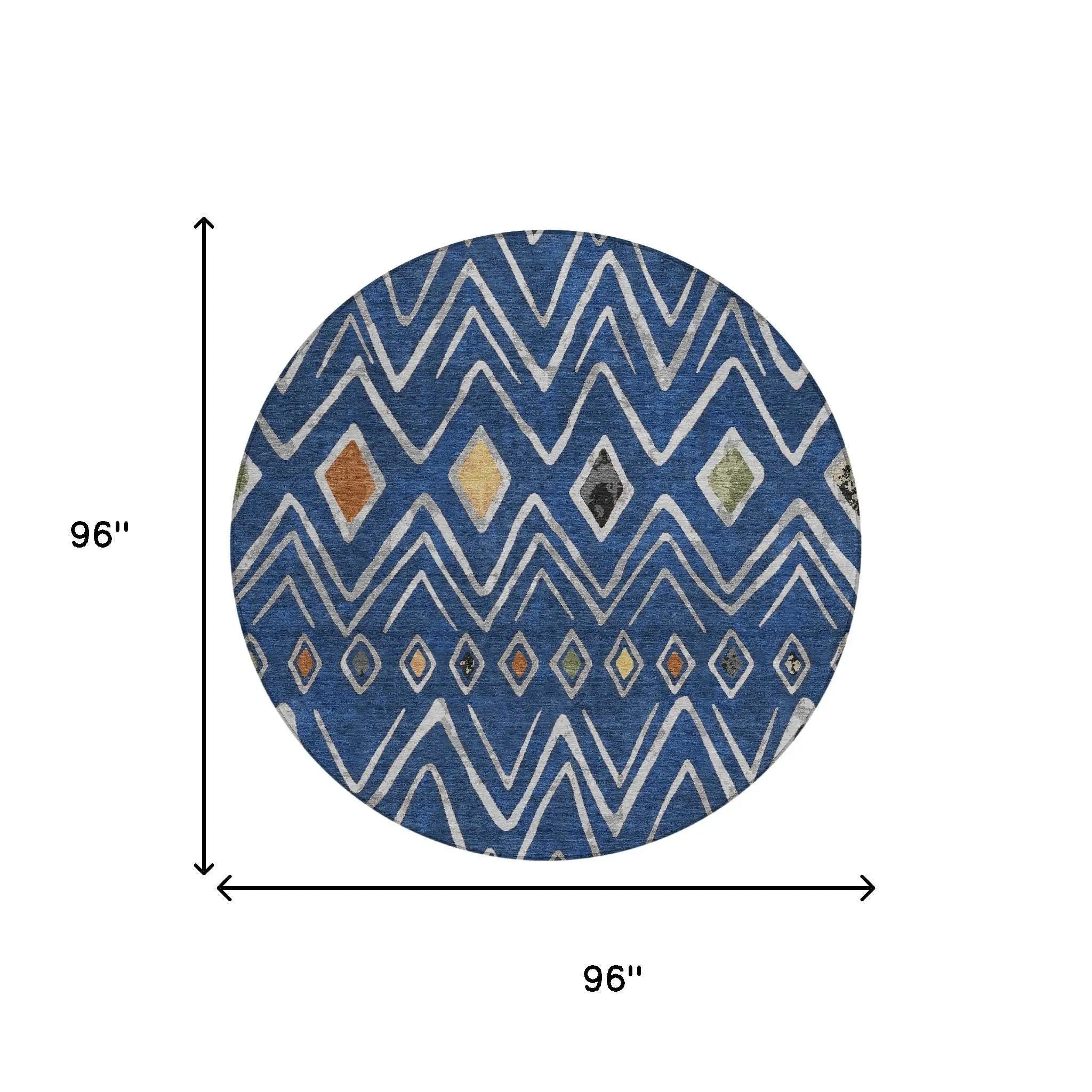 8' Navy Blue And Blue Round Geometric Washable Indoor Outdoor Area Rug Homeroots Outdoor