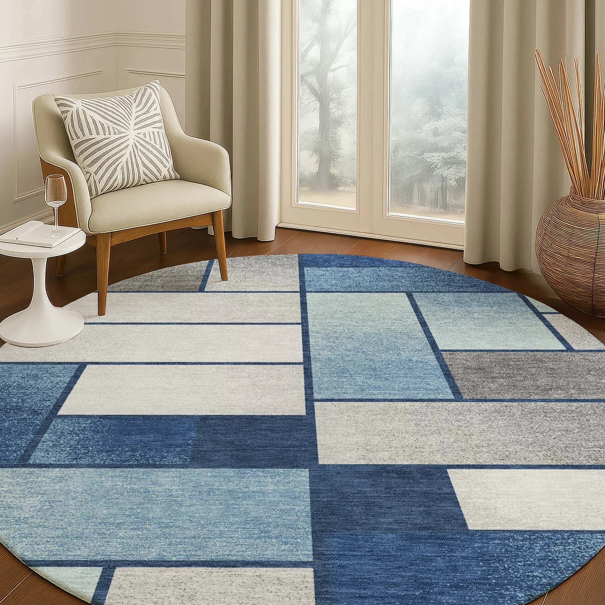 8' Navy Blue And Blue Round Geometric Washable Indoor Outdoor Area Rug Homeroots Outdoor