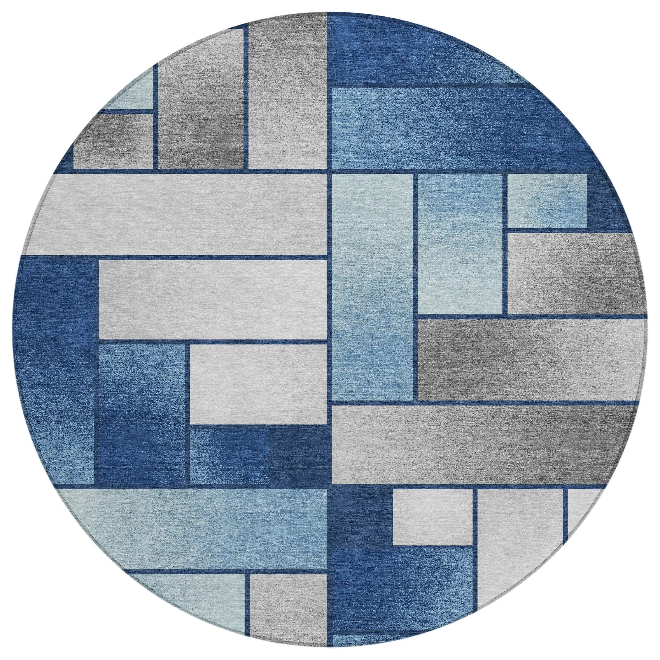 8' Navy Blue And Blue Round Geometric Washable Indoor Outdoor Area Rug Homeroots Outdoor