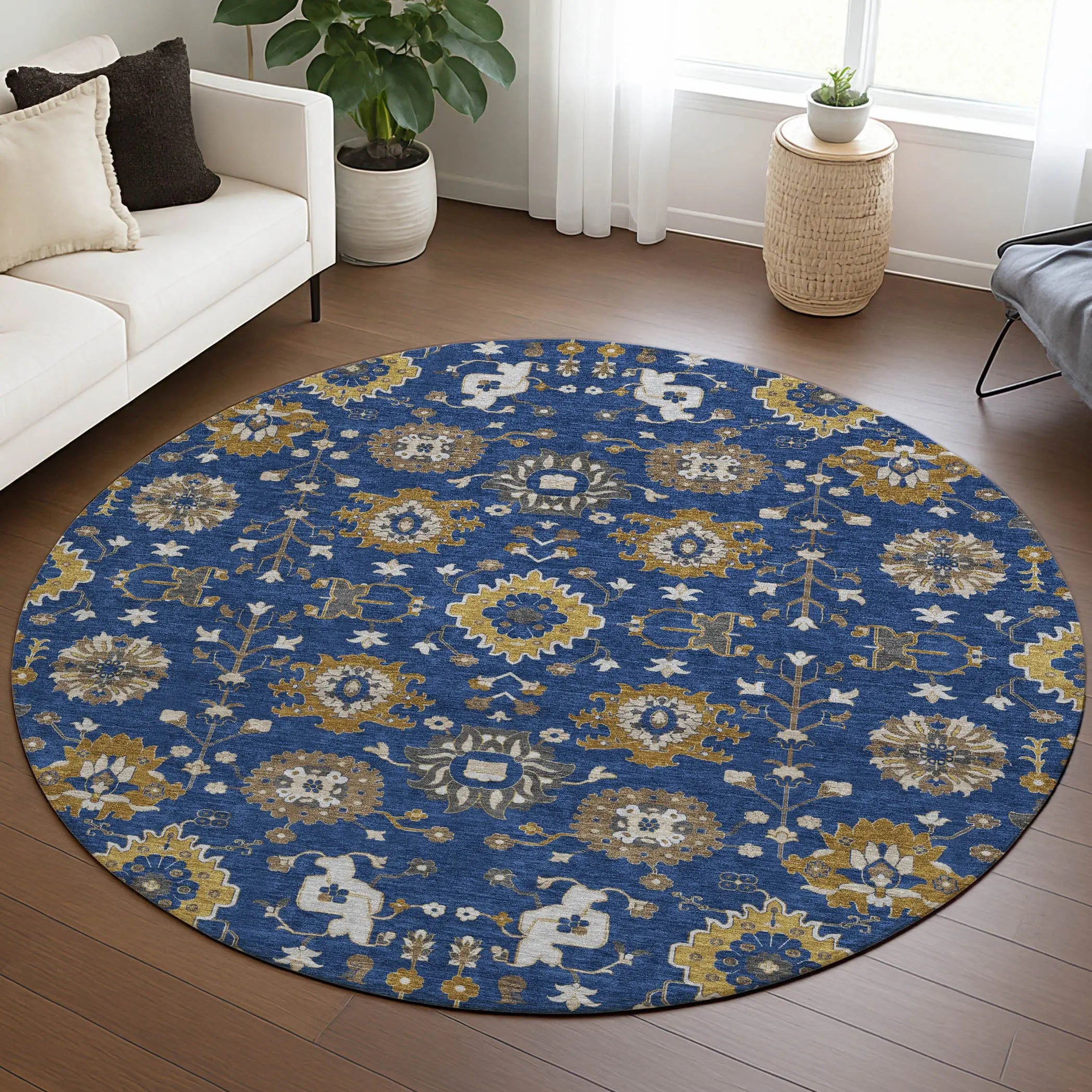 8' Navy Blue And Blue Round Geometric Washable Indoor Outdoor Area Rug Homeroots Outdoor