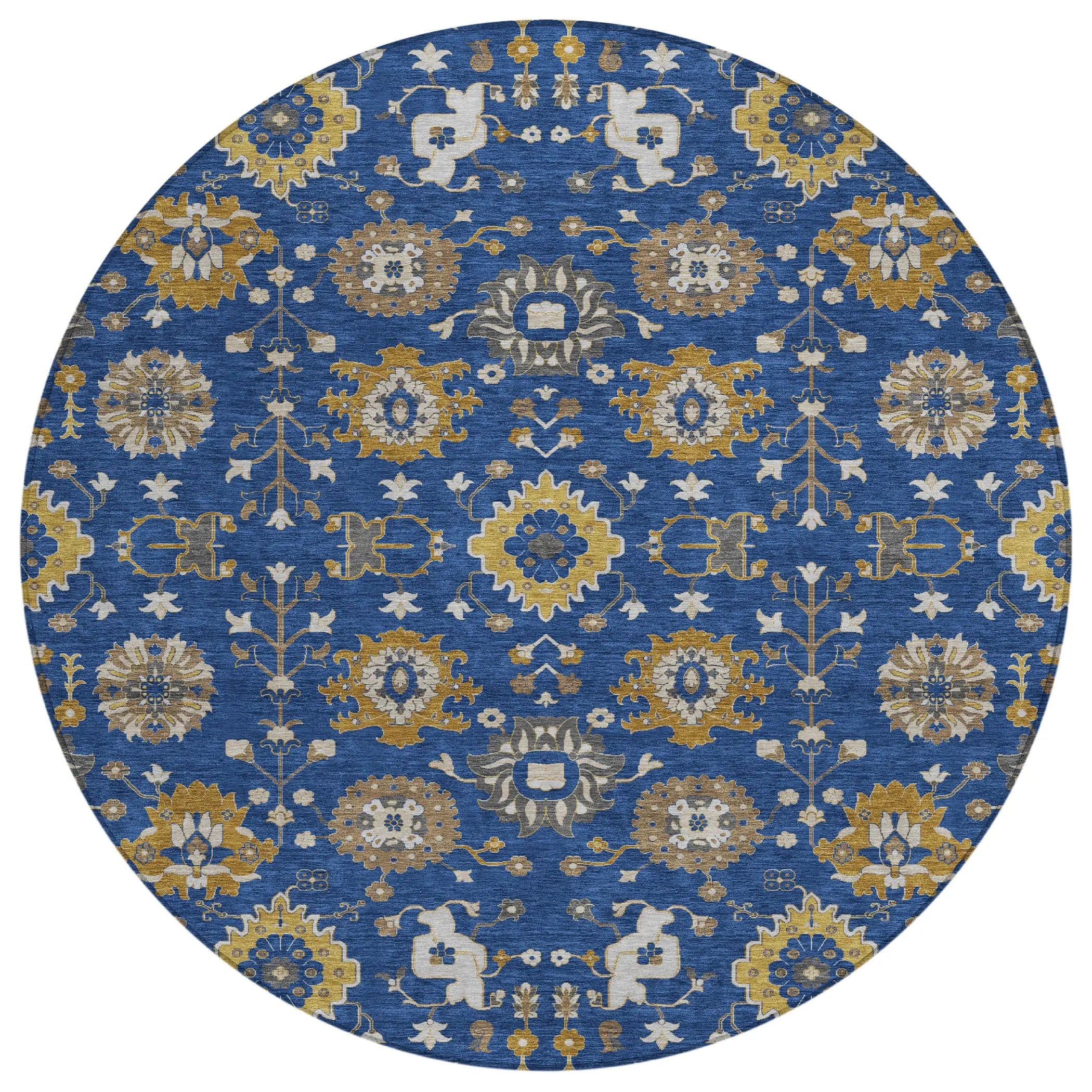 8' Navy Blue And Blue Round Geometric Washable Indoor Outdoor Area Rug Homeroots Outdoor