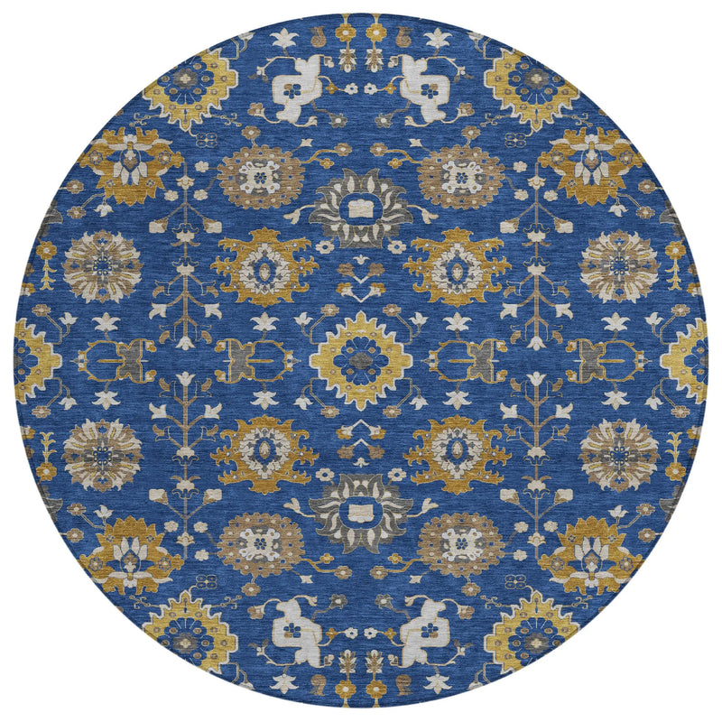 8' Navy Blue And Blue Round Geometric Washable Indoor Outdoor Area Rug Homeroots Outdoor