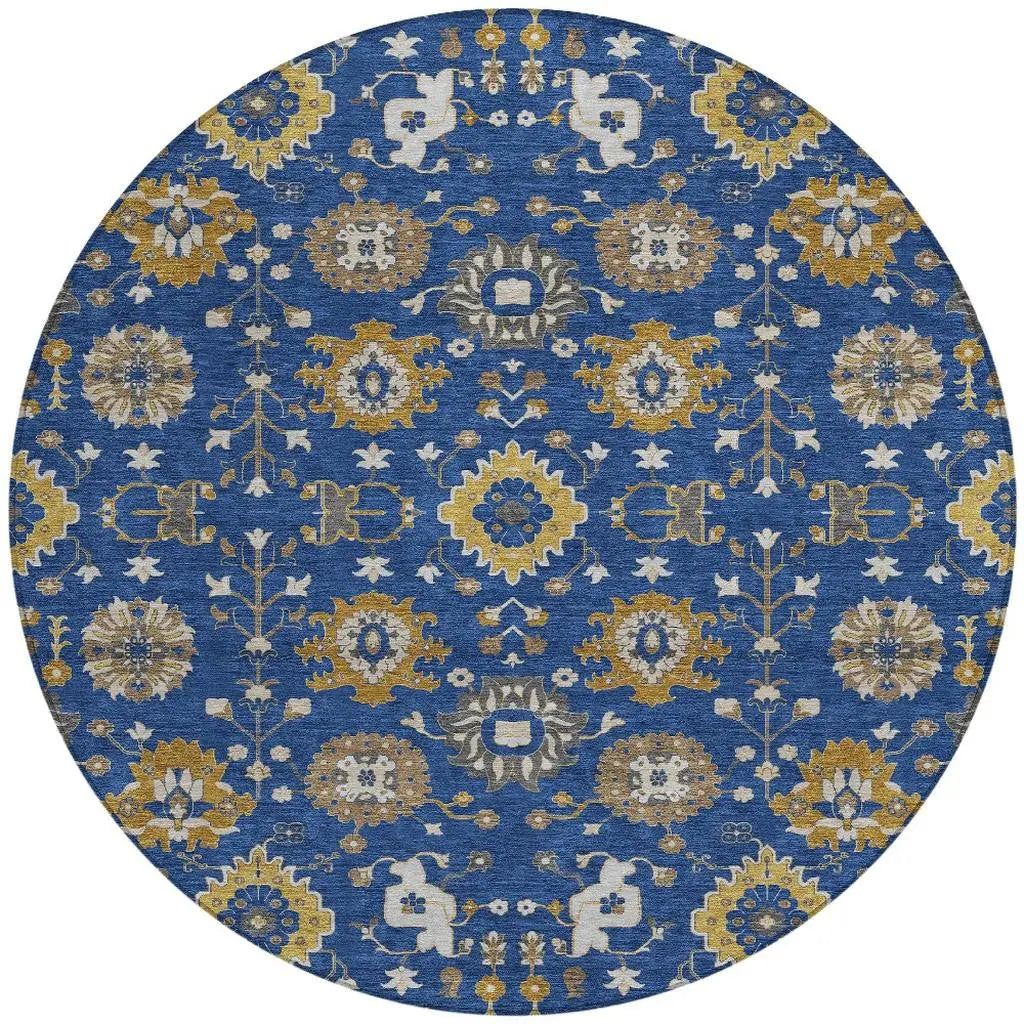 8' Navy Blue And Blue Round Geometric Washable Indoor Outdoor Area Rug Homeroots Outdoor