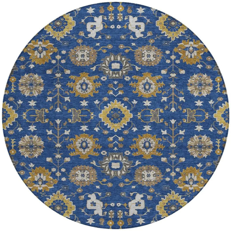 8' Navy Blue And Blue Round Geometric Washable Indoor Outdoor Area Rug Homeroots Outdoor