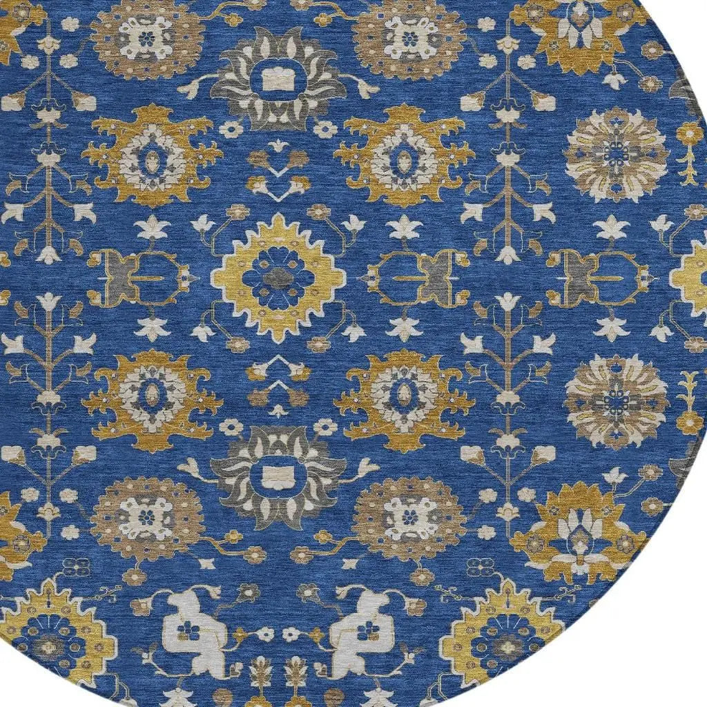 8' Navy Blue And Blue Round Geometric Washable Indoor Outdoor Area Rug Homeroots Outdoor