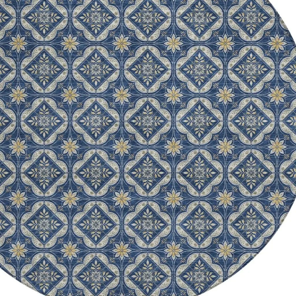 8' Navy Blue And Blue Round Geometric Washable Indoor Outdoor Area Rug Homeroots Outdoor