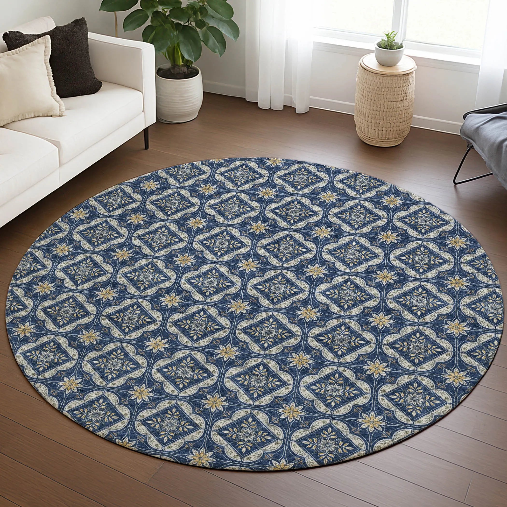 8' Navy Blue And Blue Round Geometric Washable Indoor Outdoor Area Rug Homeroots Outdoor