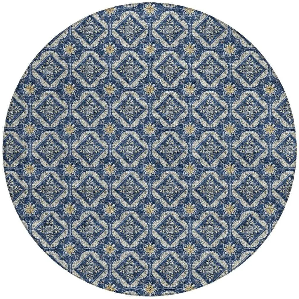 8' Navy Blue And Blue Round Geometric Washable Indoor Outdoor Area Rug Homeroots Outdoor