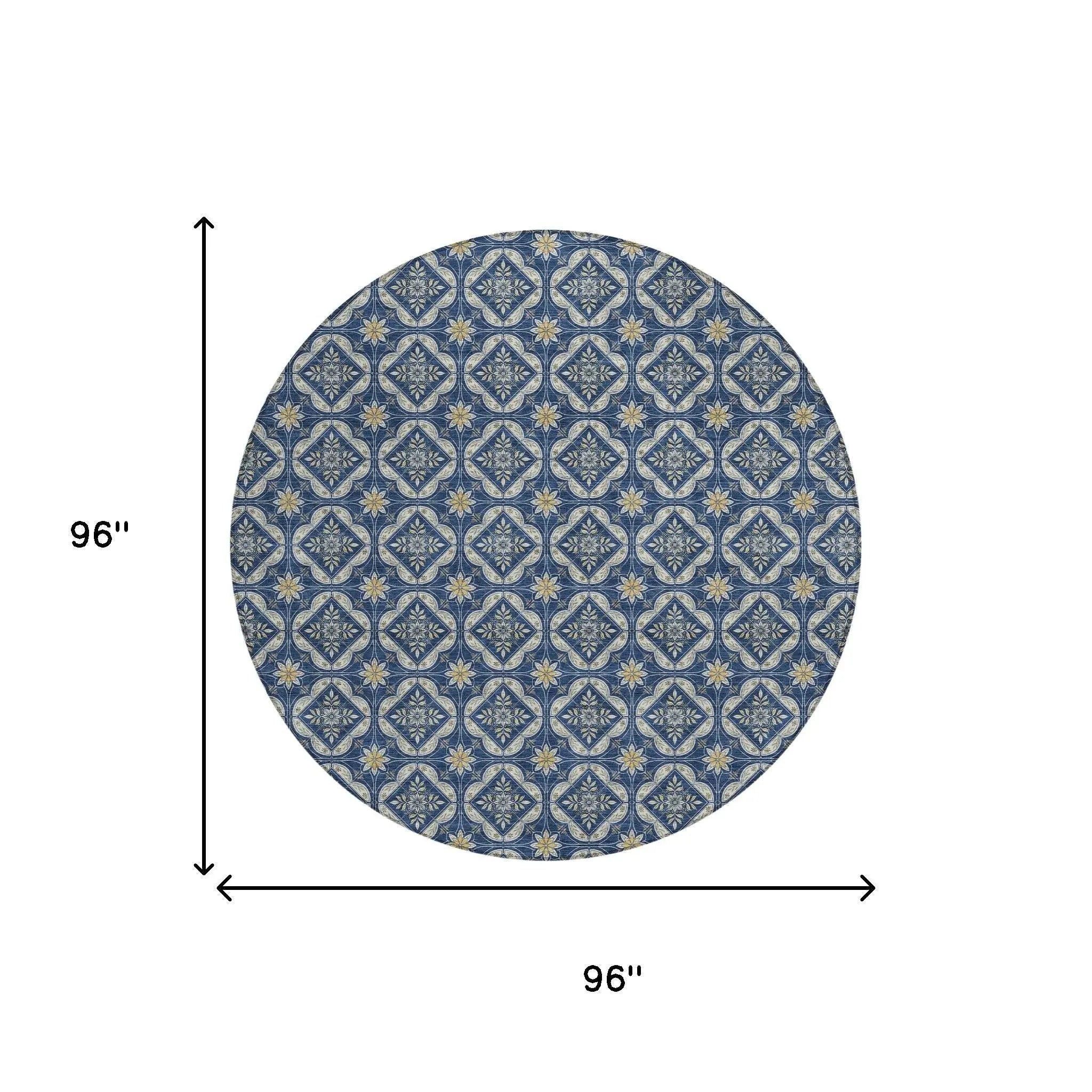 8' Navy Blue And Blue Round Geometric Washable Indoor Outdoor Area Rug Homeroots Outdoor