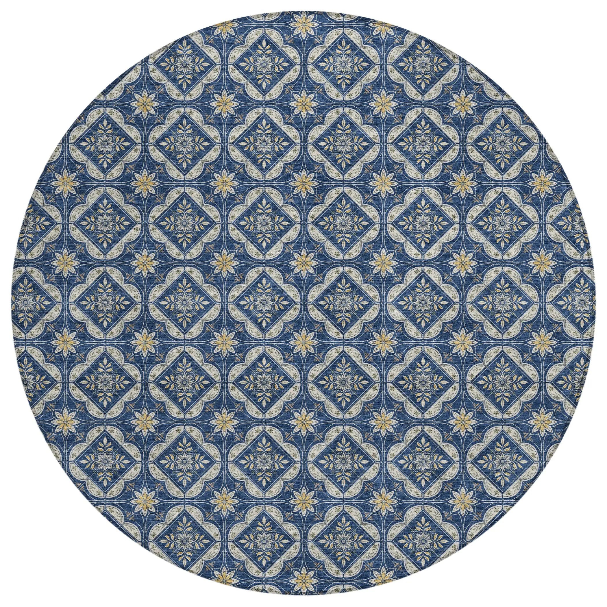 8' Navy Blue And Blue Round Geometric Washable Indoor Outdoor Area Rug Homeroots Outdoor