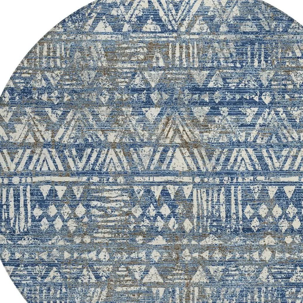 8' Navy Blue And Blue Round Geometric Washable Indoor Outdoor Area Rug Homeroots Outdoor