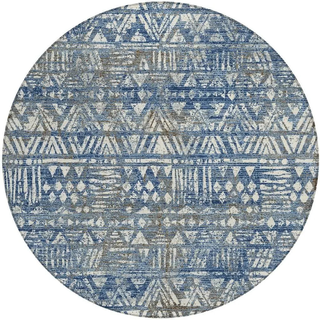8' Navy Blue And Blue Round Geometric Washable Indoor Outdoor Area Rug Homeroots Outdoor