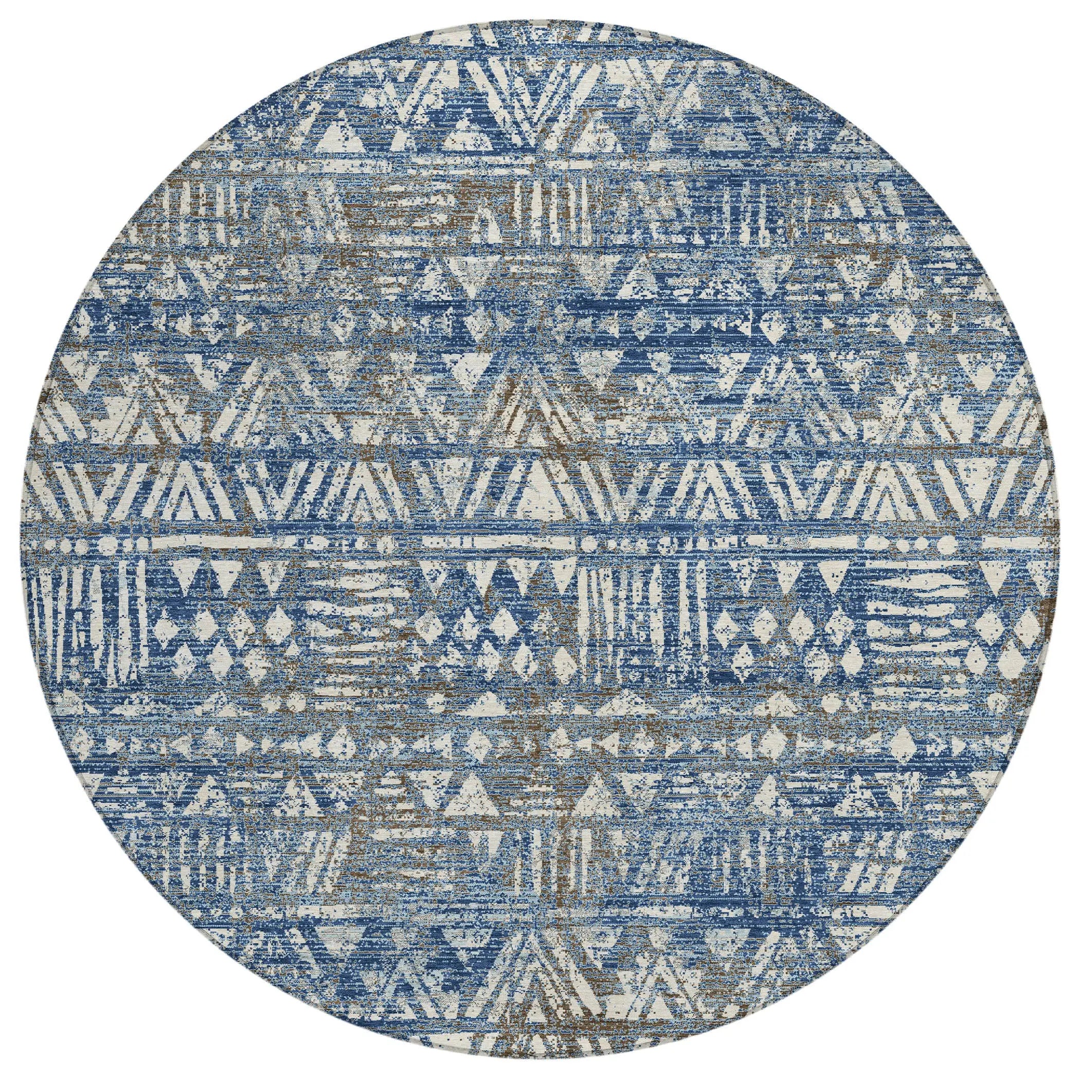 8' Navy Blue And Blue Round Geometric Washable Indoor Outdoor Area Rug Homeroots Outdoor