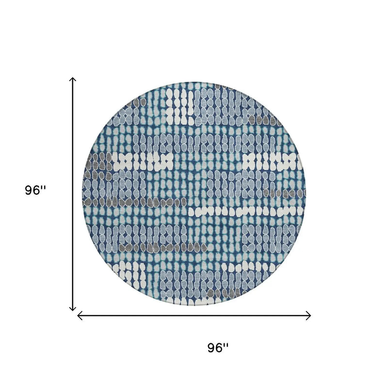8' Navy Blue And Blue Round Geometric Washable Indoor Outdoor Area Rug Homeroots Outdoor