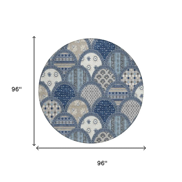 8' Navy Blue And Blue Round Geometric Washable Indoor Outdoor Area Rug Homeroots Outdoor