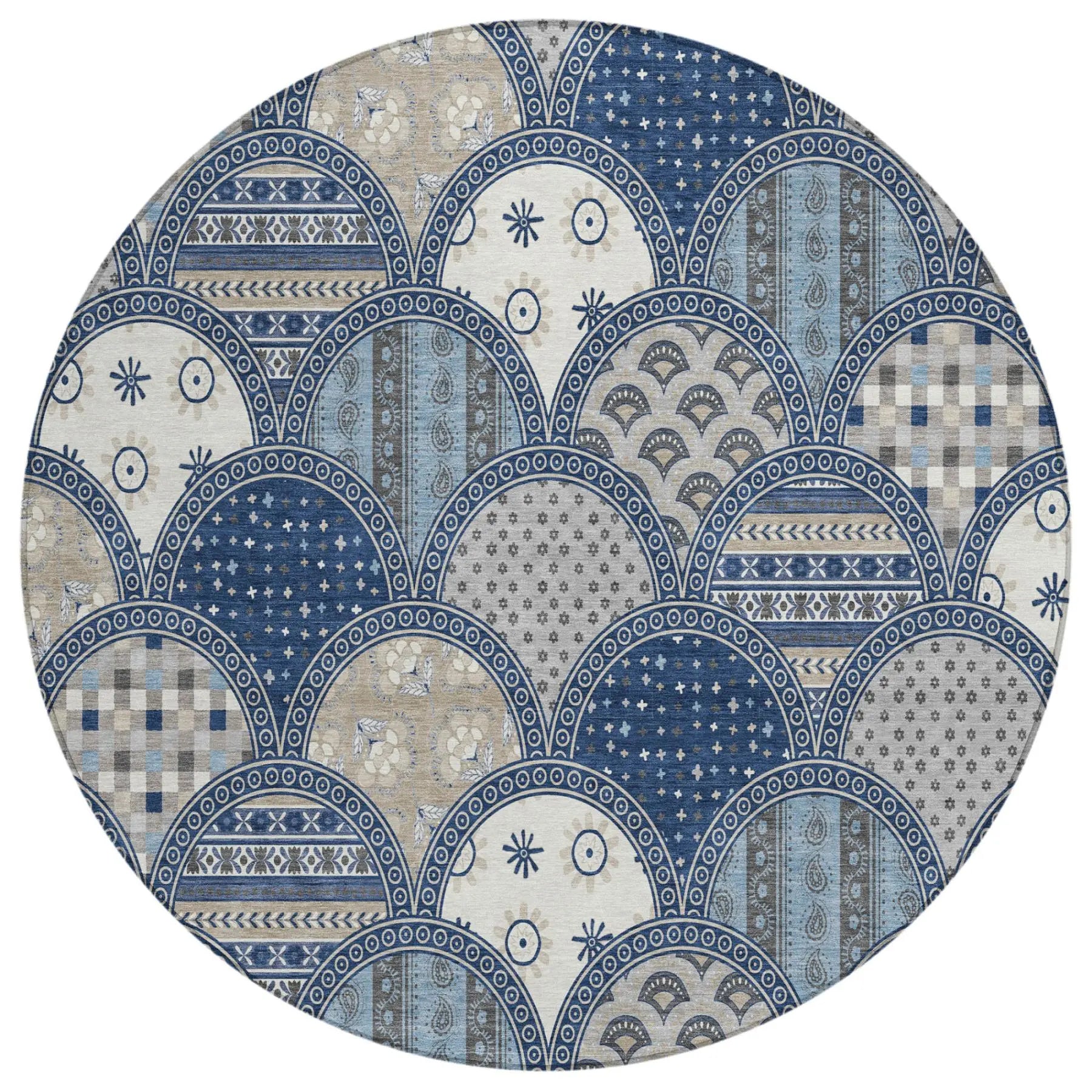 8' Navy Blue And Blue Round Geometric Washable Indoor Outdoor Area Rug Homeroots Outdoor