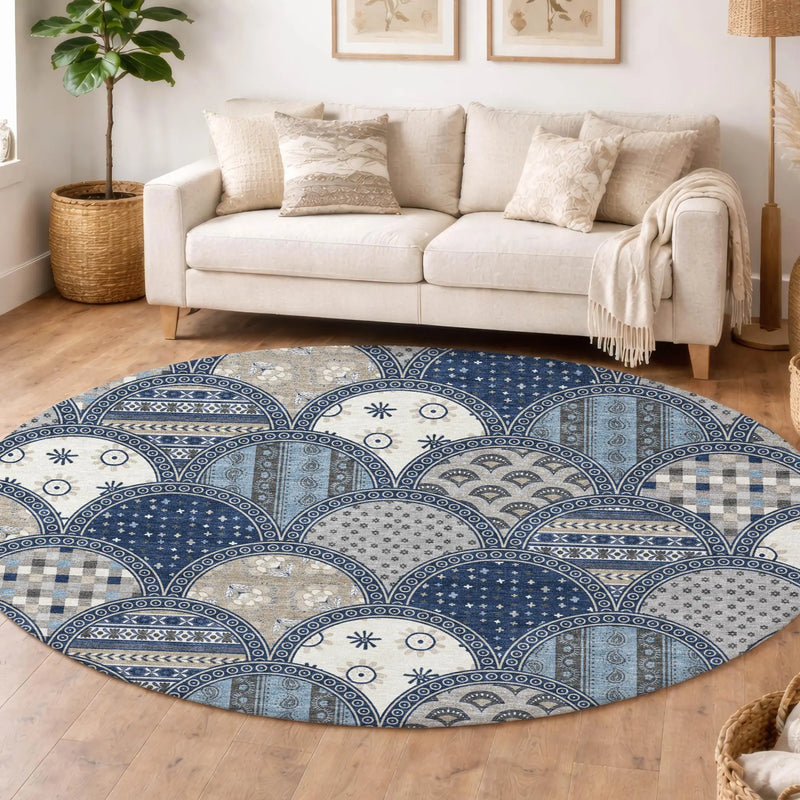 8' Navy Blue And Blue Round Geometric Washable Indoor Outdoor Area Rug Homeroots Outdoor