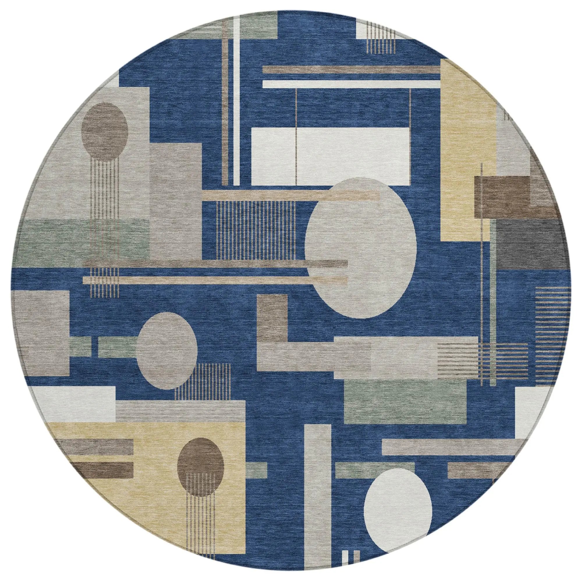8' Navy Blue And Blue Round Geometric Washable Indoor Outdoor Area Rug Homeroots Outdoor