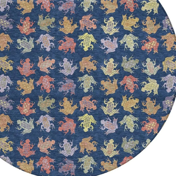 8' Navy Blue And Blue Round Geometric Washable Indoor Outdoor Area Rug Homeroots Outdoor