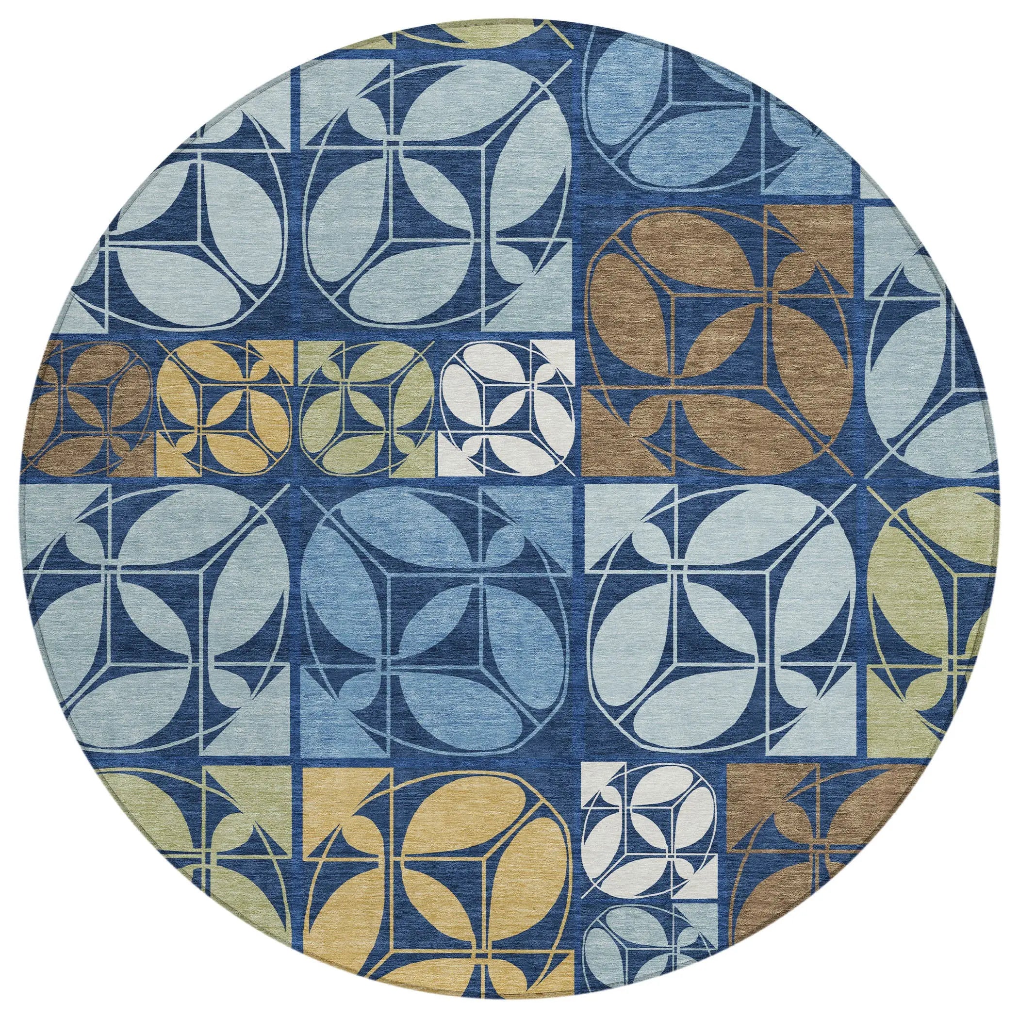 8' Navy Blue And Blue Round Geometric Washable Indoor Outdoor Area Rug Homeroots Outdoor