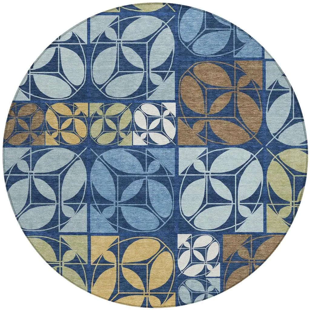 8' Navy Blue And Blue Round Geometric Washable Indoor Outdoor Area Rug Homeroots Outdoor