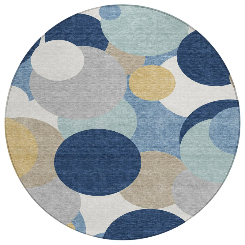 8' Navy Blue And Blue Round Geometric Washable Indoor Outdoor Area Rug Homeroots Outdoor