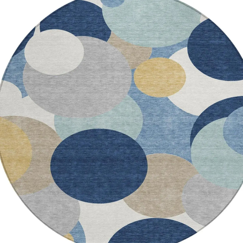 8' Navy Blue And Blue Round Geometric Washable Indoor Outdoor Area Rug Homeroots Outdoor