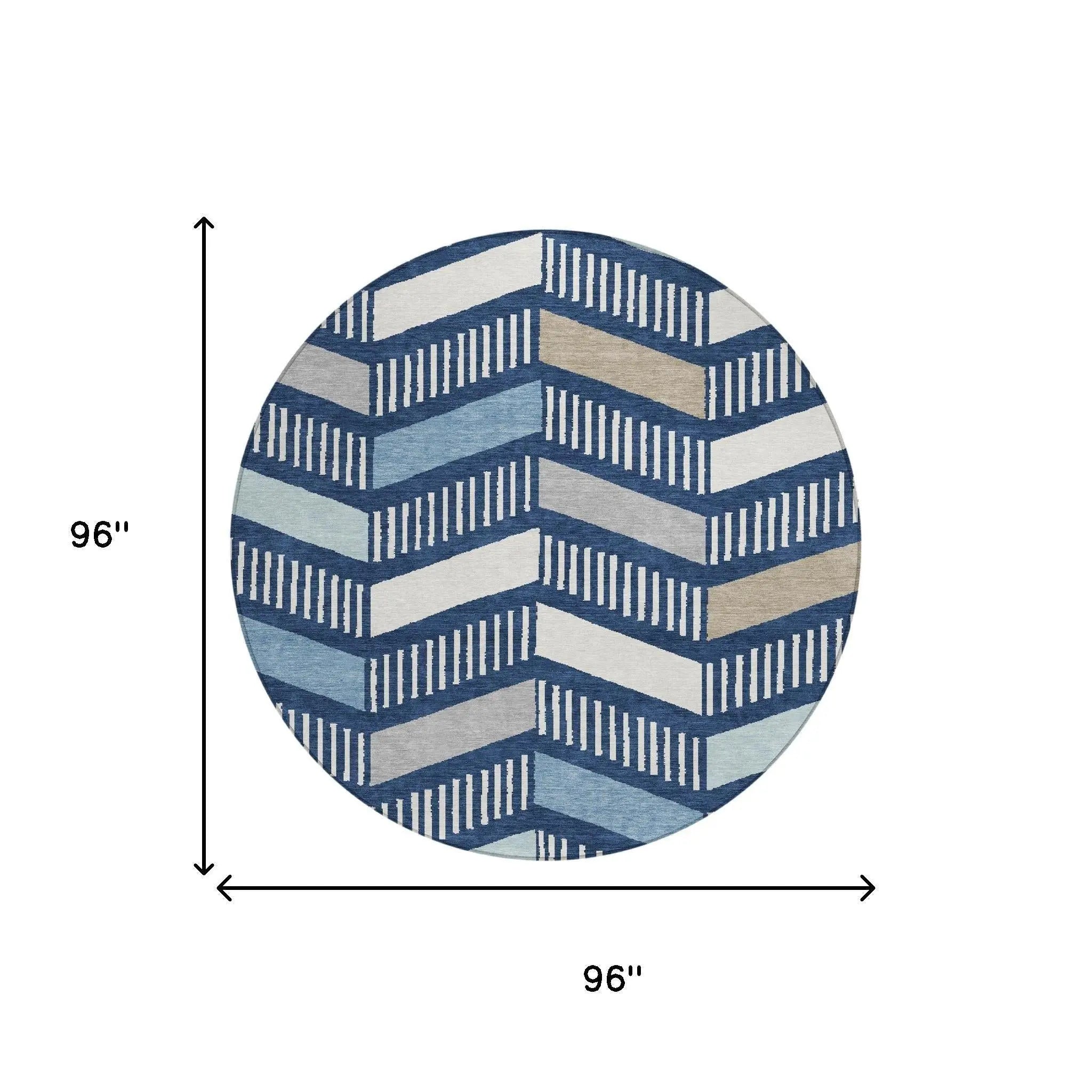 8' Navy Blue And Blue Round Geometric Washable Indoor Outdoor Area Rug Homeroots Outdoor