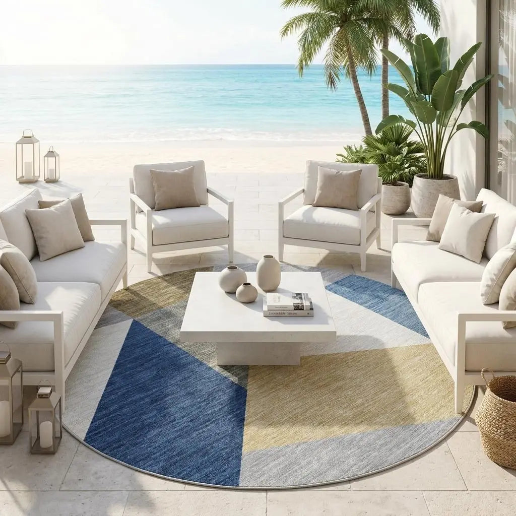 8' Navy Blue And Blue Round Geometric Washable Indoor Outdoor Area Rug Homeroots Outdoor