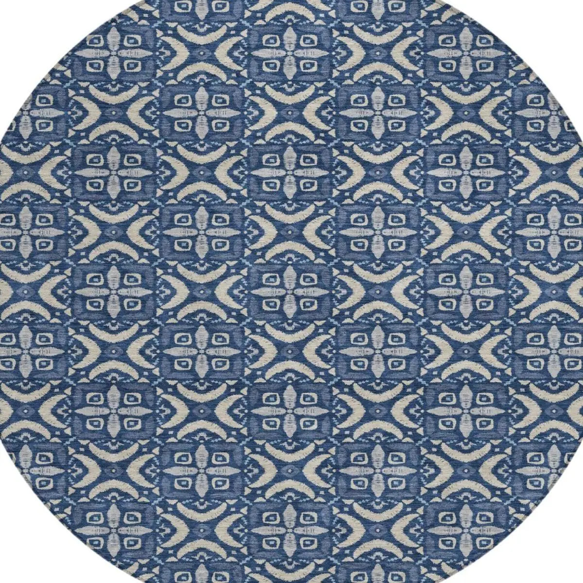 8' Navy Blue And Blue Round Geometric Washable Indoor Outdoor Area Rug Homeroots Outdoor