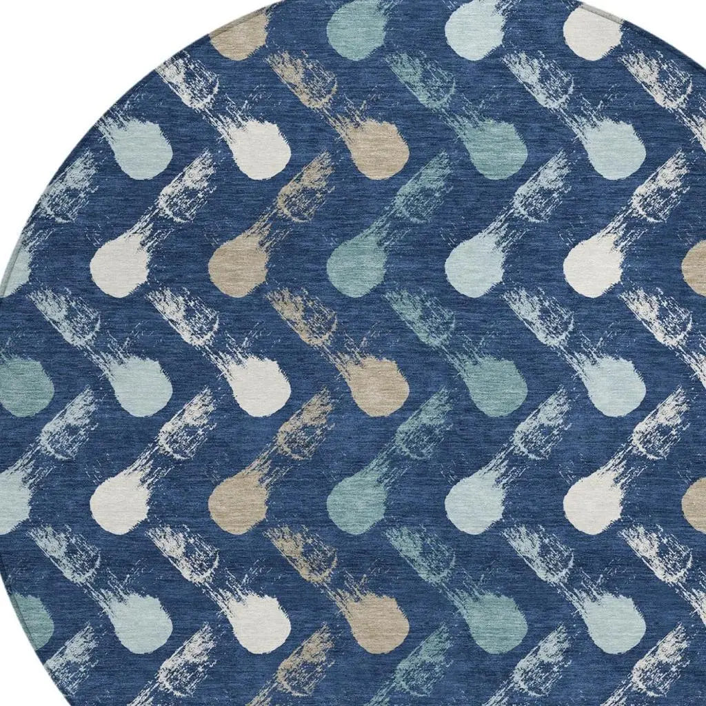 8' Navy Blue And Blue Round Geometric Washable Indoor Outdoor Area Rug Homeroots Outdoor