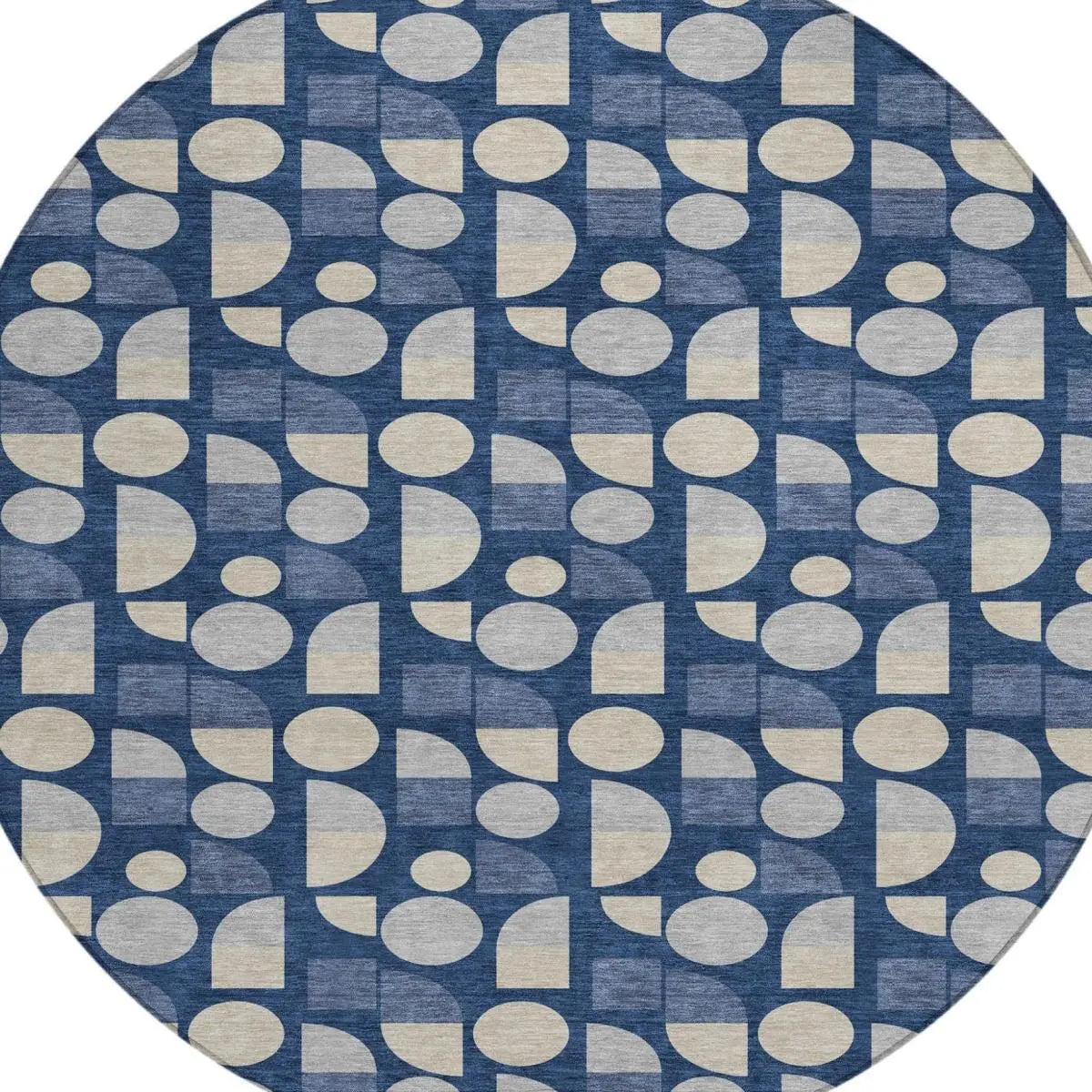 8' Navy Blue And Blue Round Geometric Washable Indoor Outdoor Area Rug Homeroots Outdoor