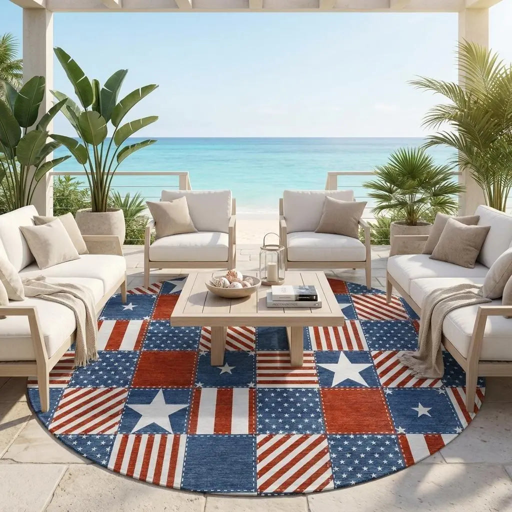 8' Navy Blue And Blue Round Geometric Washable Indoor Outdoor Area Rug Homeroots Outdoor