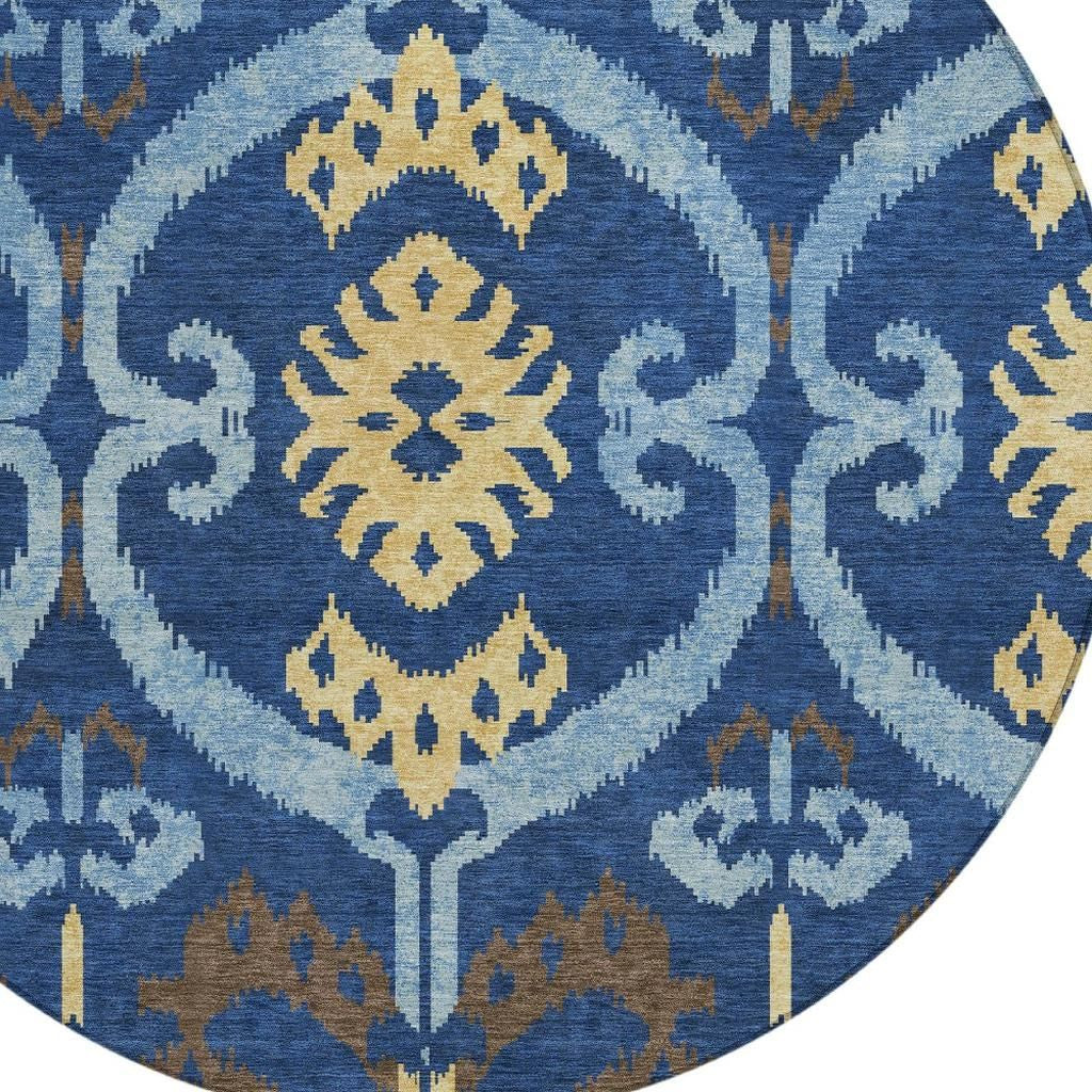 8' Navy Blue And Blue Round Ikat Washable Indoor Outdoor Area Rug Homeroots Outdoor