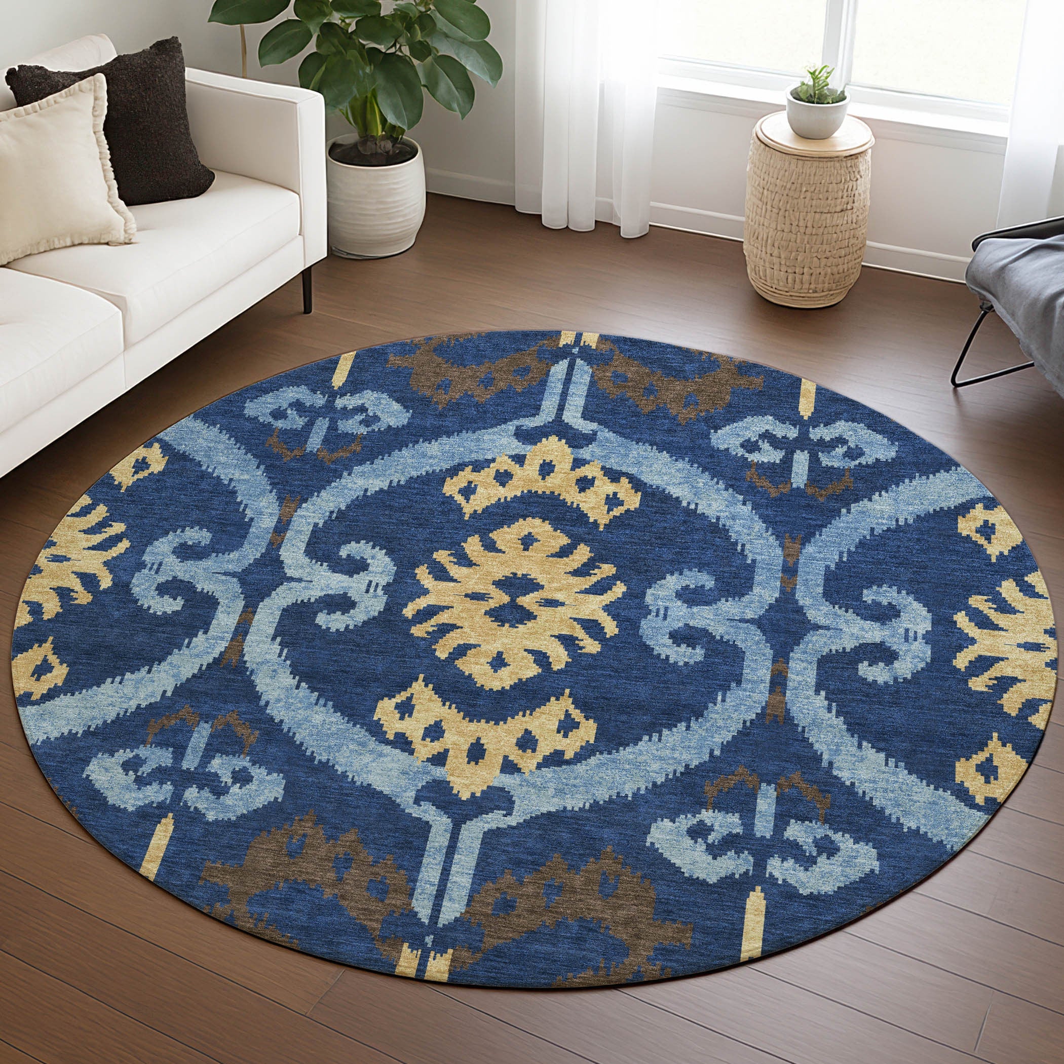 8' Navy Blue And Blue Round Ikat Washable Indoor Outdoor Area Rug Homeroots Outdoor