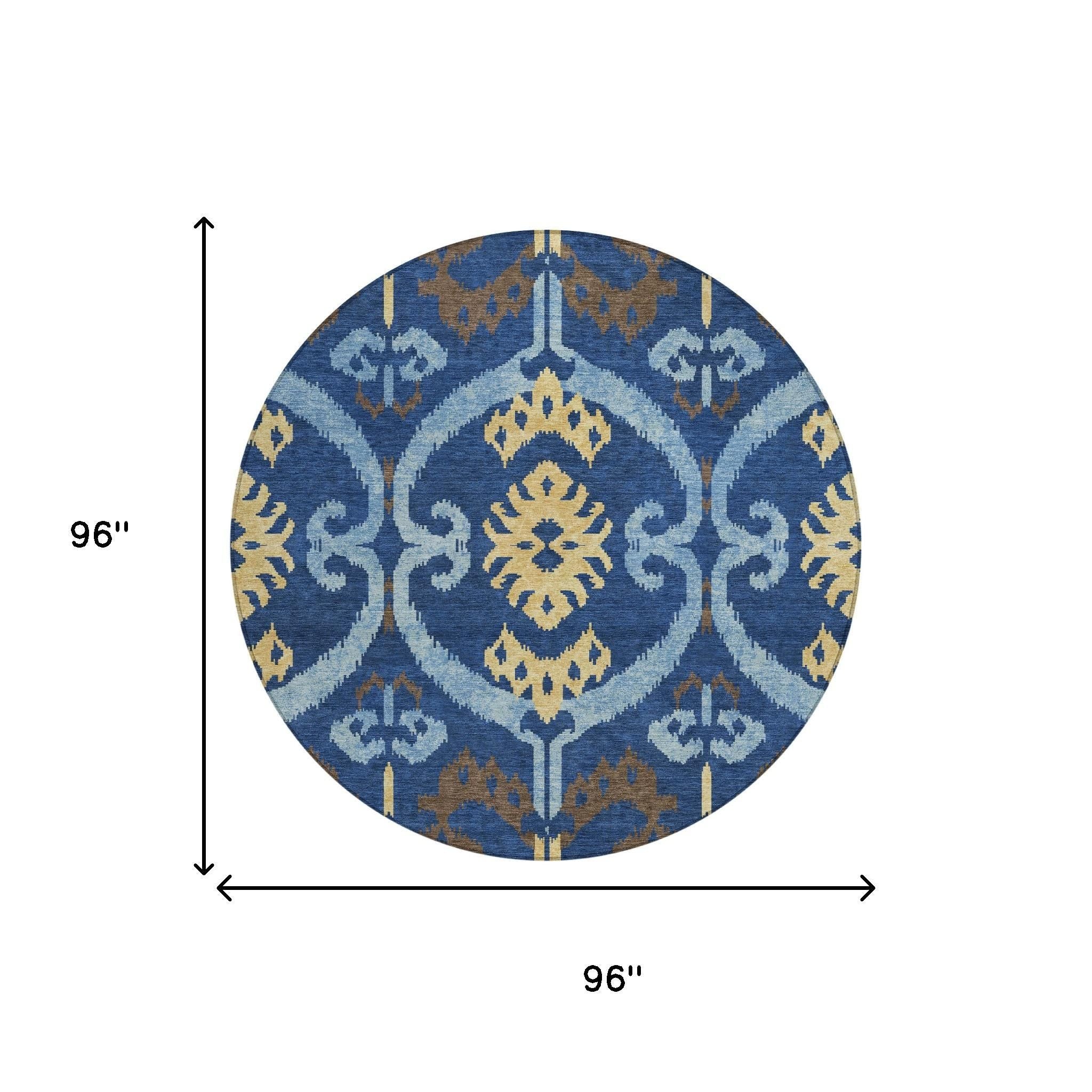 8' Navy Blue And Blue Round Ikat Washable Indoor Outdoor Area Rug Homeroots Outdoor