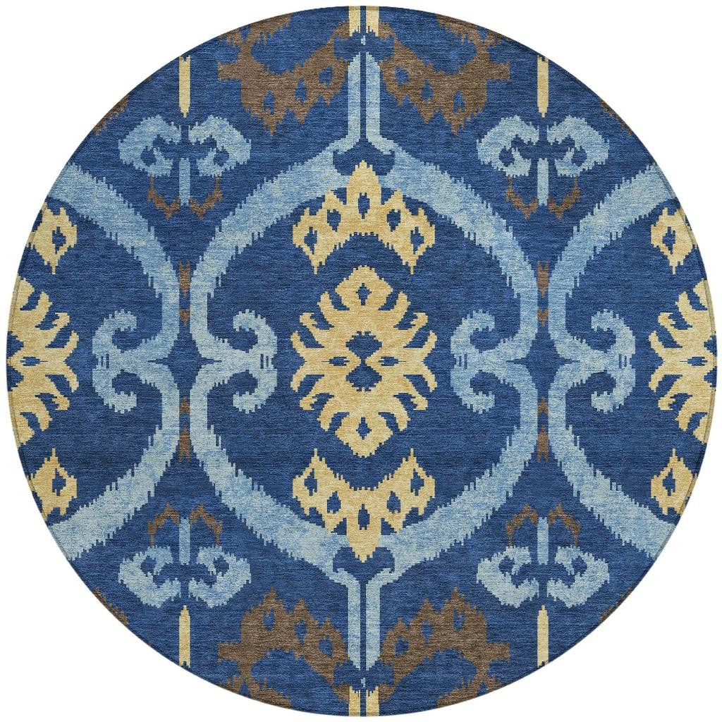 8' Navy Blue And Blue Round Ikat Washable Indoor Outdoor Area Rug Homeroots Outdoor