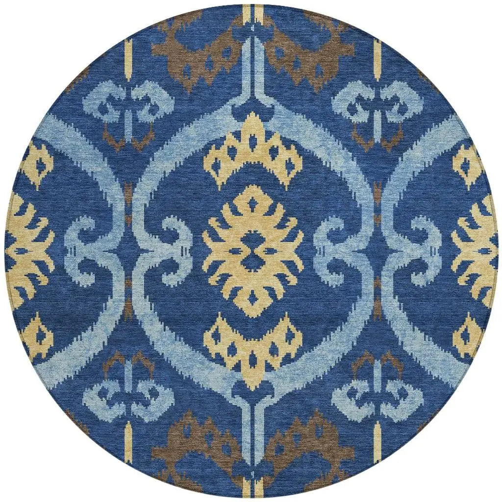 8' Navy Blue And Blue Round Ikat Washable Indoor Outdoor Area Rug Homeroots Outdoor
