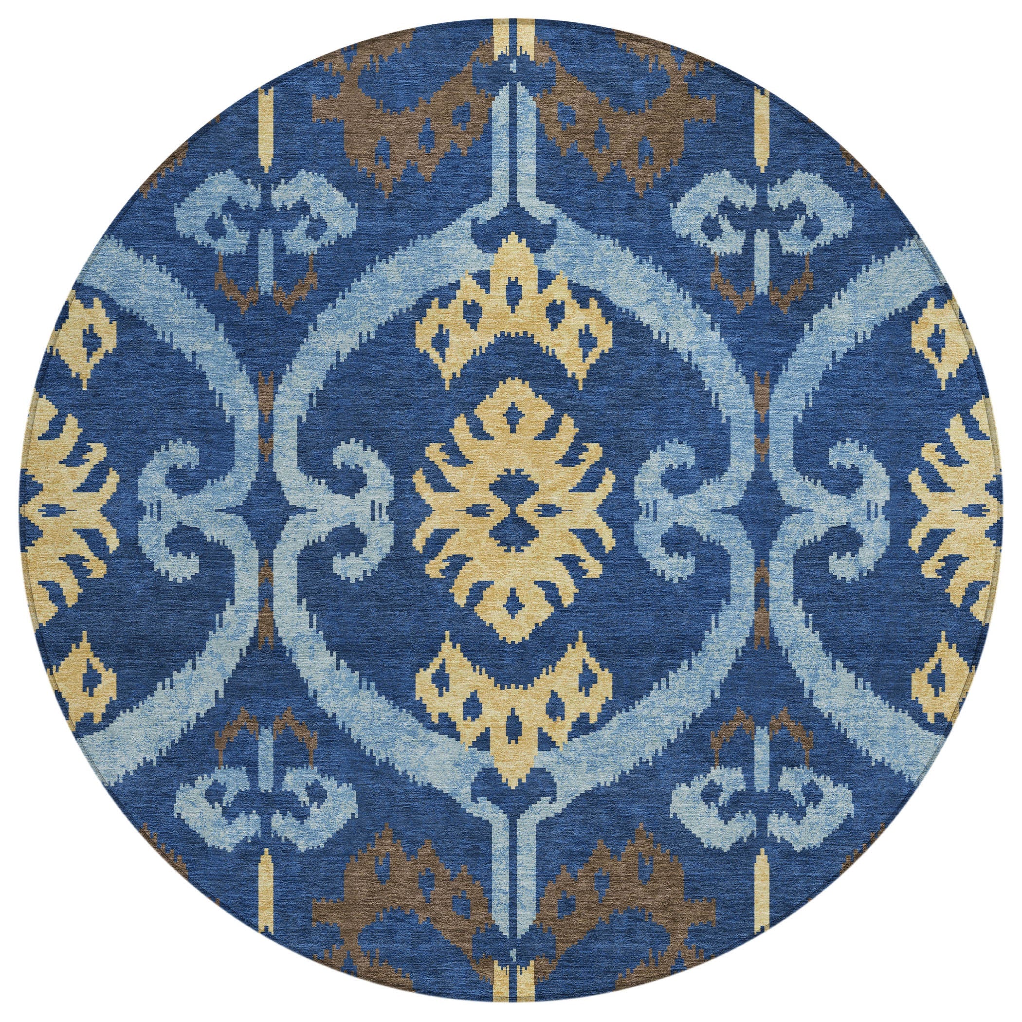 8' Navy Blue And Blue Round Ikat Washable Indoor Outdoor Area Rug Homeroots Outdoor