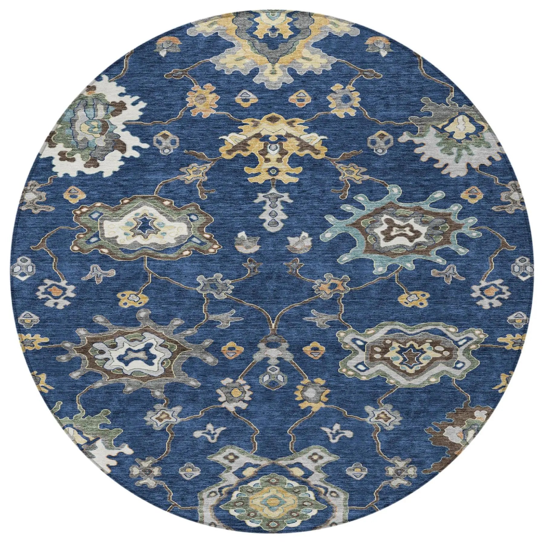 8' Navy Blue And Blue Round Oriental Washable Indoor Outdoor Area Rug Homeroots Outdoor