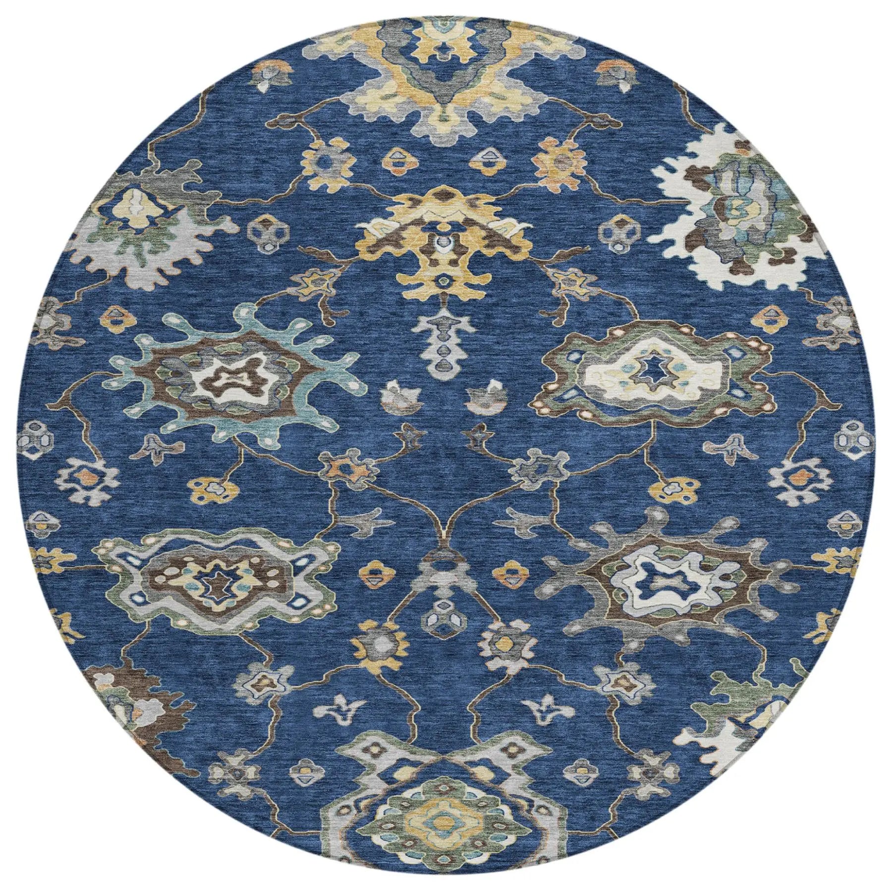 8' Navy Blue And Blue Round Oriental Washable Indoor Outdoor Area Rug Homeroots Outdoor