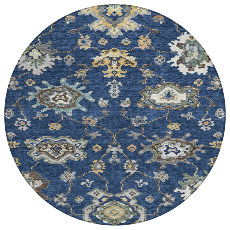 8' Navy Blue And Blue Round Oriental Washable Indoor Outdoor Area Rug Homeroots Outdoor