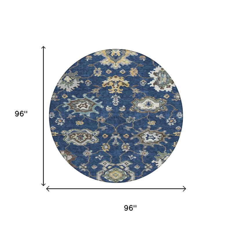 8' Navy Blue And Blue Round Oriental Washable Indoor Outdoor Area Rug Homeroots Outdoor