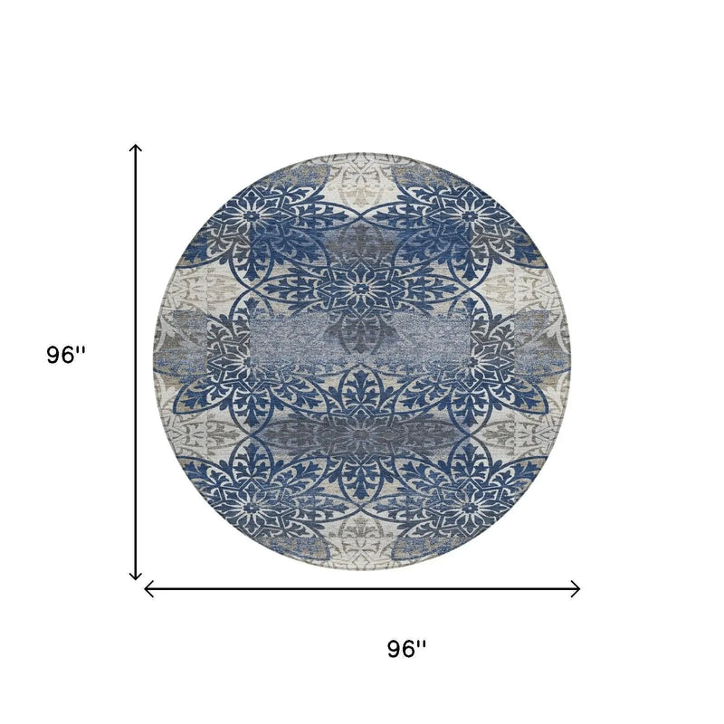 8' Navy Blue And Blue Round Oriental Washable Indoor Outdoor Area Rug Homeroots Outdoor