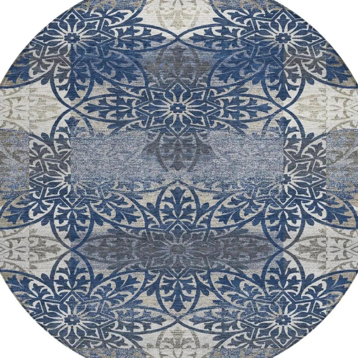 8' Navy Blue And Blue Round Oriental Washable Indoor Outdoor Area Rug Homeroots Outdoor