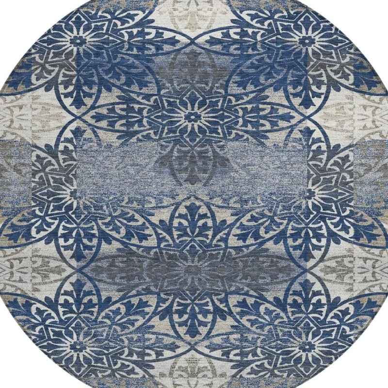 8' Navy Blue And Blue Round Oriental Washable Indoor Outdoor Area Rug Homeroots Outdoor