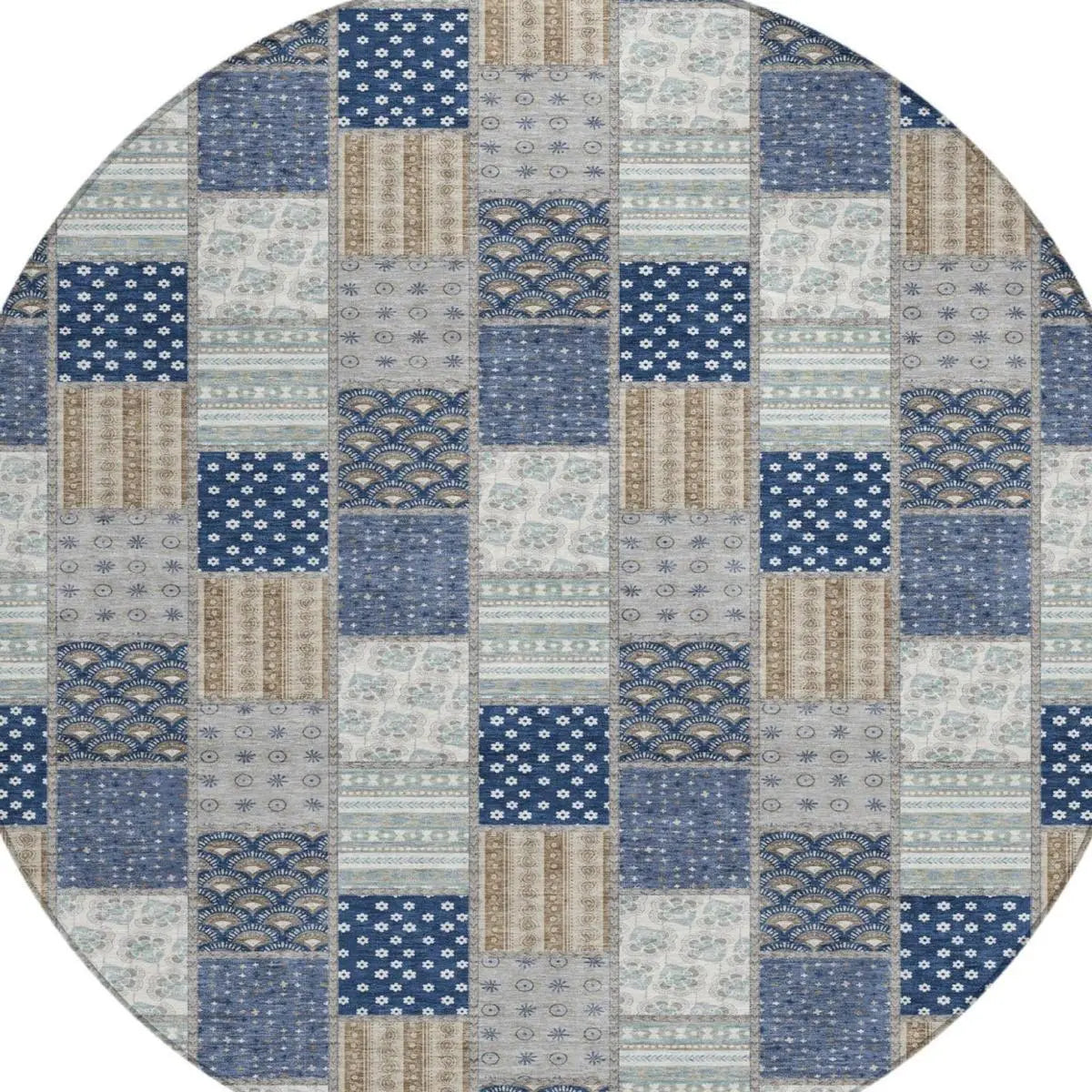 8' Navy Blue And Blue Round Patchwork Washable Indoor Outdoor Area Rug Homeroots Outdoor